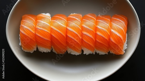 Salmon sushi roll, top view, light gray dish, dark background.  Possible use showcasing sushi dish photo