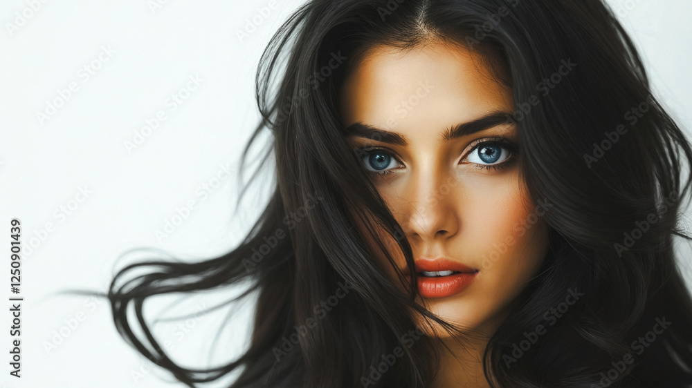 Stunningly beautiful young brunette with long curly black hair with big blue eyes posing in front of the camera on a white background Stunningly beautiful young brunette with long curly black hair with big blue eyes posing in front of the camera on a white background