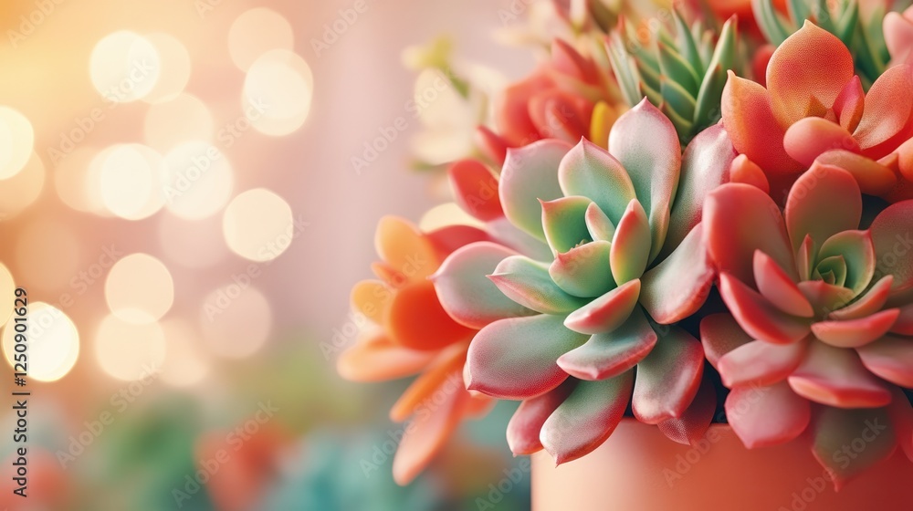 Obraz premium Colorful Succulent Arrangement with Blurred Background in a Warm Indoor Setting