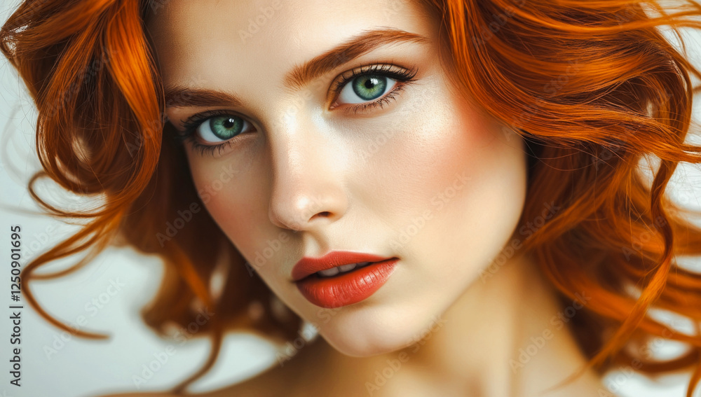 Fototapeta premium Portrait of a beautiful model with red hair directly looking into the camera with her big eyes.