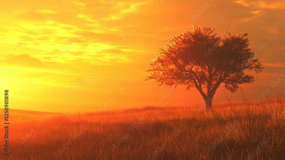 Obraz premium Serene Sunset Over Golden Field with Lone Tree Silhouette