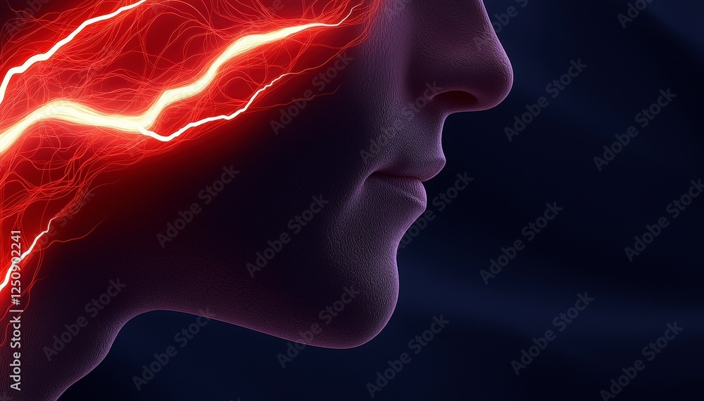 Obraz premium Profile of a Mysterious Face with Energetic Red Lightning Strikes