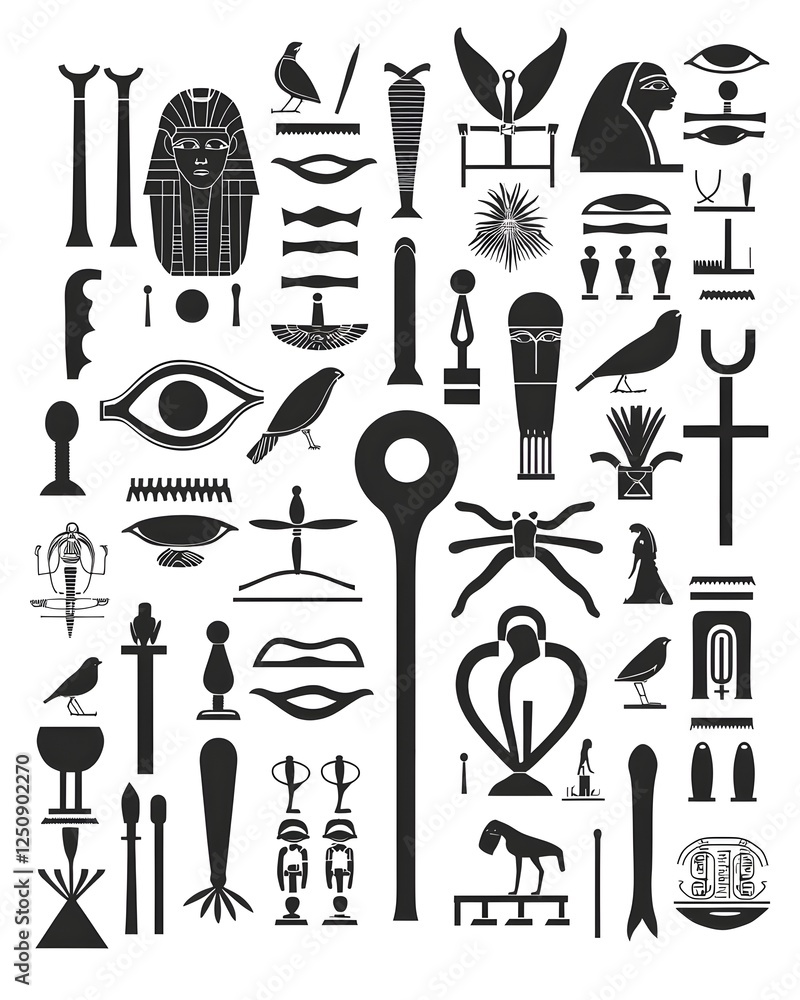 Obraz premium Ancient Egyptian hieroglyph icons with gods, ankh and scarab symbols