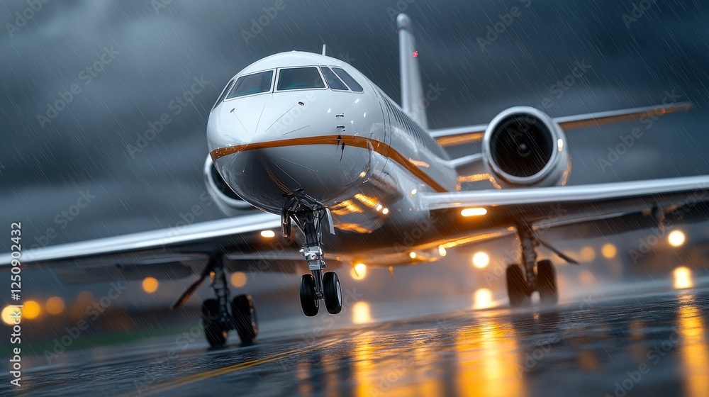 Illuminated commercial aircraft undergoing a nighttime maintenance at the airport runway with its jet engines and technical components visible under the blue hour sky with storm clouds Illuminated commercial aircraft undergoing a nighttime maintenance at the airport runway with its jet engines and technical components visible under the blue hour sky with storm clouds