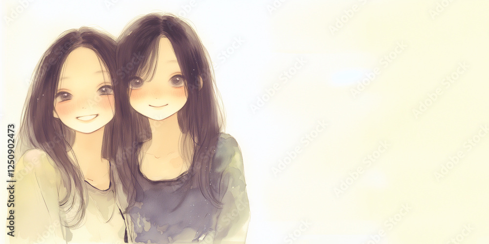 仲良し双子の姉妹。水彩画。イラスト。バナー素材。挿絵。 仲良し双子の姉妹。水彩画。イラスト。バナー素材。挿絵。