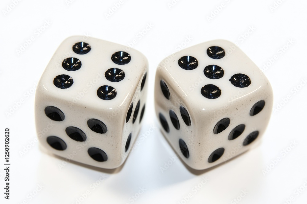 Close-up of two white dice with black dots on them, suitable for use in gaming, education or entertainment contexts Close-up of two white dice with black dots on them, suitable for use in gaming, education or entertainment contexts