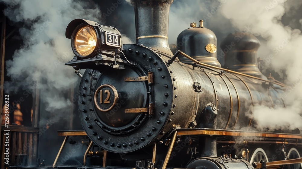 Naklejka premium Vintage Steam Locomotive Making Its Journey Through Billowing Smoke
