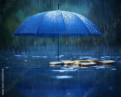 Rainy day protection, coins under umbrella, financial security photo