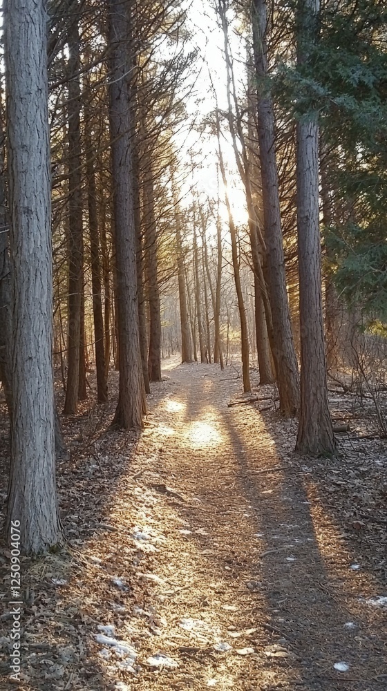 Obraz premium Serene Forest Pathway Bathed in Golden Morning Light