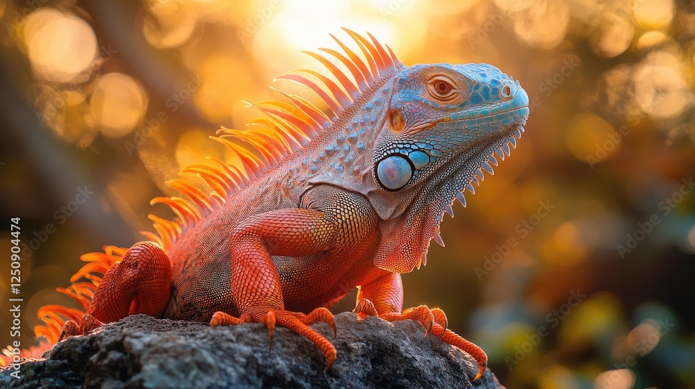 Fototapeta premium A colorful iguana basking on a rock in the bright sunlight