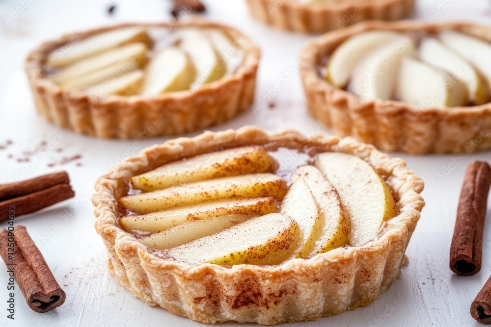 A close-up shot of a delicious tart filled with sliced apples and cinnamon A close-up shot of a delicious tart filled with sliced apples and cinnamon