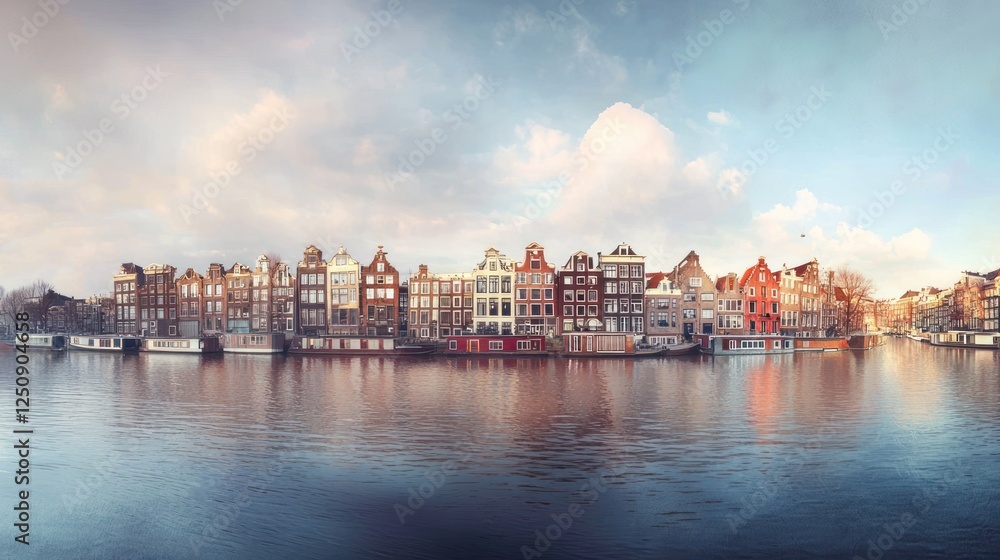 Naklejka premium Amsterdam Canal Houses: A Picturesque Panorama