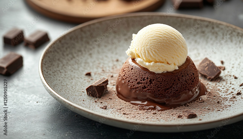 Indulgent Chocolate Lava Cake with Creamy Vanilla Ice Cream and Chocolate Chunks on Elegant Plate