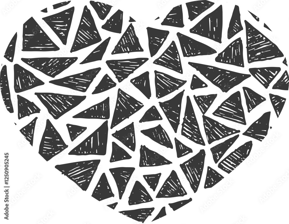 Fototapeta premium Heart with ink pattern. Black triangle pattern. Engraving texture isolated on white background.