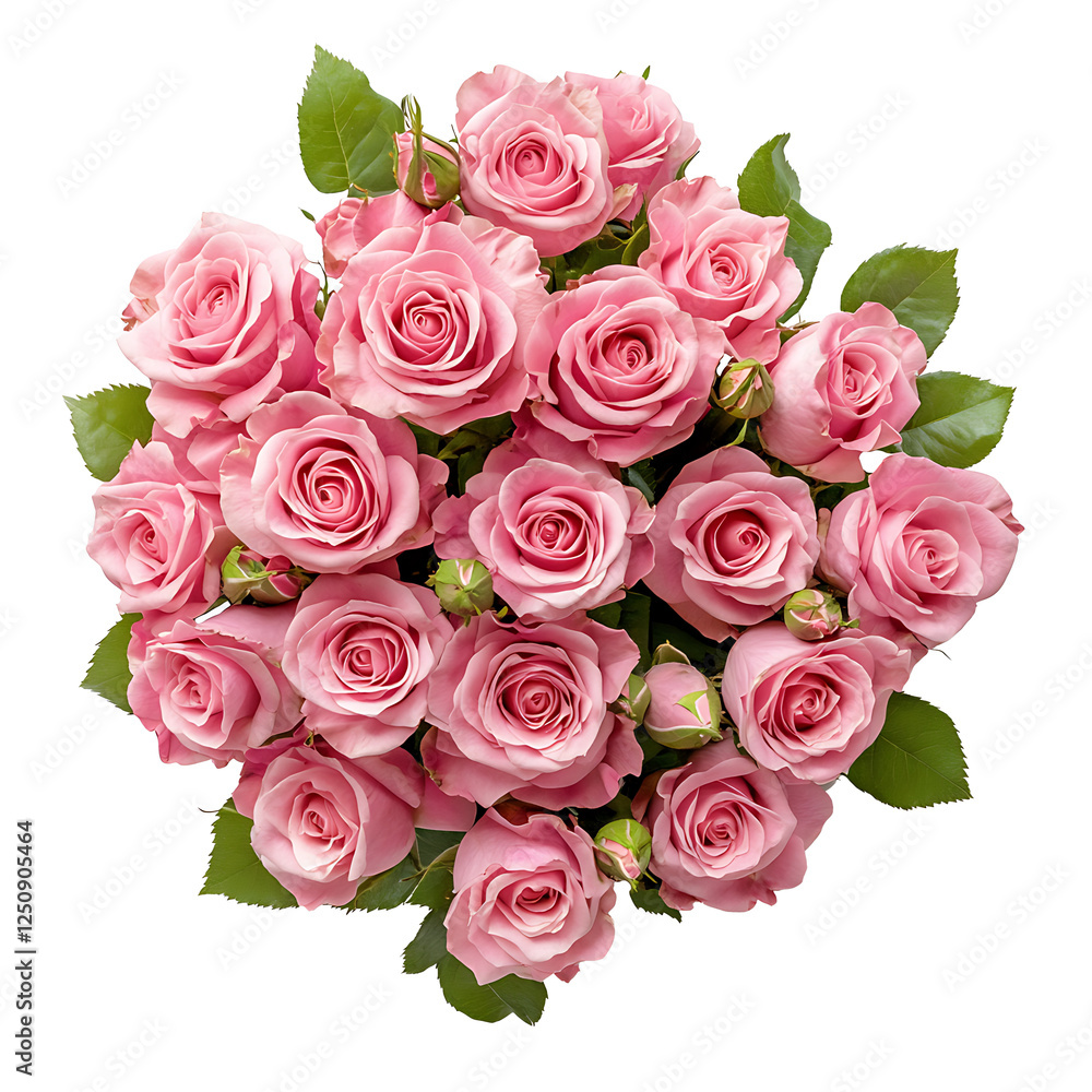 Fototapeta premium A bouquet of red and pink roses arranged from a top view on white and transparent background. Ai generated