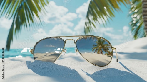 Sunglasses rest on white sand, reflecting a serene tropical beach with palm trees and blue skies. The vibrant scene captures the essence of a relaxing summer getaway