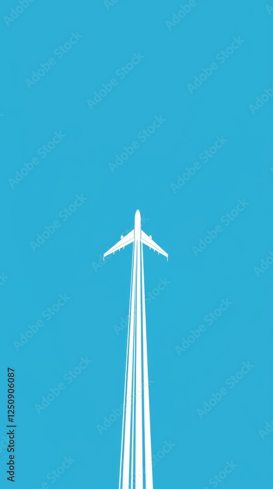 Sleek white airplane ascends through a vibrant blue sky, leaving behind distinct contrails. The minimalistic composition highlights the dynamic movement and freedom of air travel Sleek white airplane ascends through a vibrant blue sky, leaving behind distinct contrails. The minimalistic composition highlights the dynamic movement and freedom of air travel