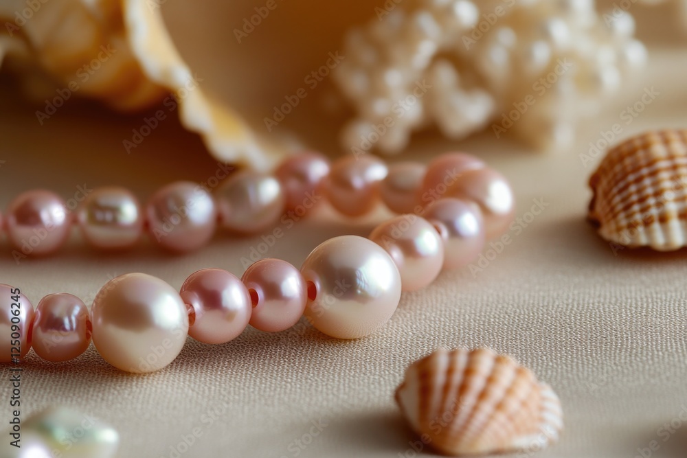 Close-up view of various pearls and shells arranged on a table, suitable for decorative or still life photography Close-up view of various pearls and shells arranged on a table, suitable for decorative or still life photography