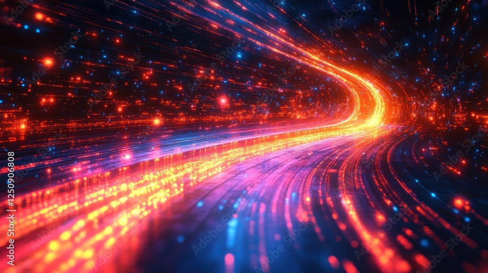 Obraz premium Abstract glowing tunnel with vibrant light trails and particles.