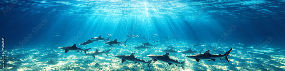 A group of sharks swims in clear blue ocean water, illuminated by sunlight. Concept of marine wildlife and underwater exploration. For ocean conservation themes.