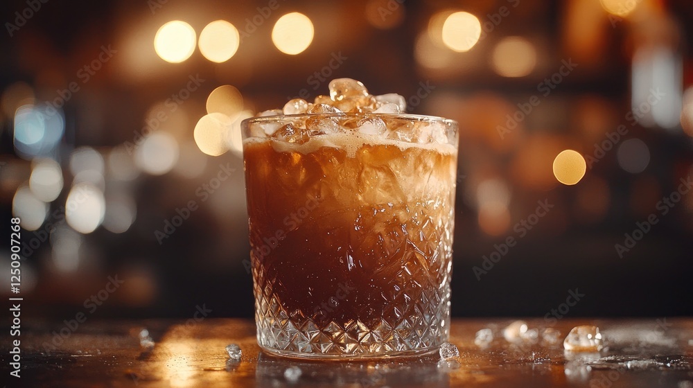 drinks coffee fizzy concept. A refreshing cocktail on ice with a blurred bar background. drinks coffee fizzy concept. A refreshing cocktail on ice with a blurred bar background.