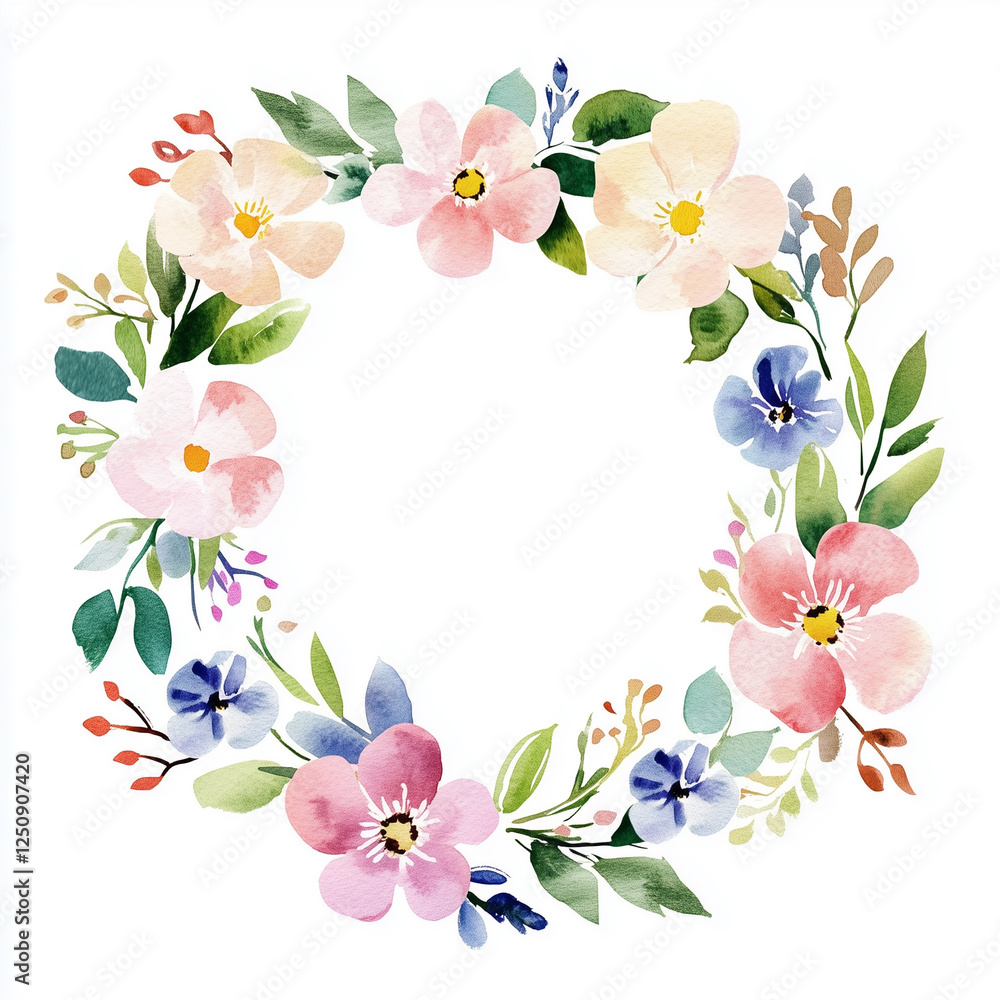 Fototapeta premium Watercolor illustration, sketch. Cute wreath of delicate spring flowers on white background. Pink and blue flowers, green leaves and plants. Spring, easter, 8 march. Blurred paint stains.