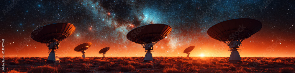 Radio telescopes stand on a barren landscape under a vibrant starry sky. Concept of space exploration and technology. For science fiction cover. Radio telescopes stand on a barren landscape under a vibrant starry sky. Concept of space exploration and technology. For science fiction cover.