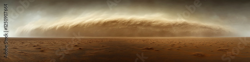 A vast desert landscape with a massive sandstorm rolling across the horizon. Concept of natural phenomena and extreme weather. For illustrating weather conditions.