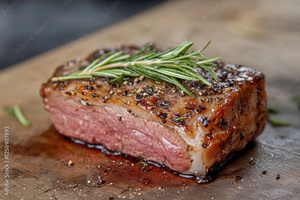Fresh meat served with a sprig of rosemary on a clean cutting board, great for culinary scenes or food styling Fresh meat served with a sprig of rosemary on a clean cutting board, great for culinary scenes or food styling