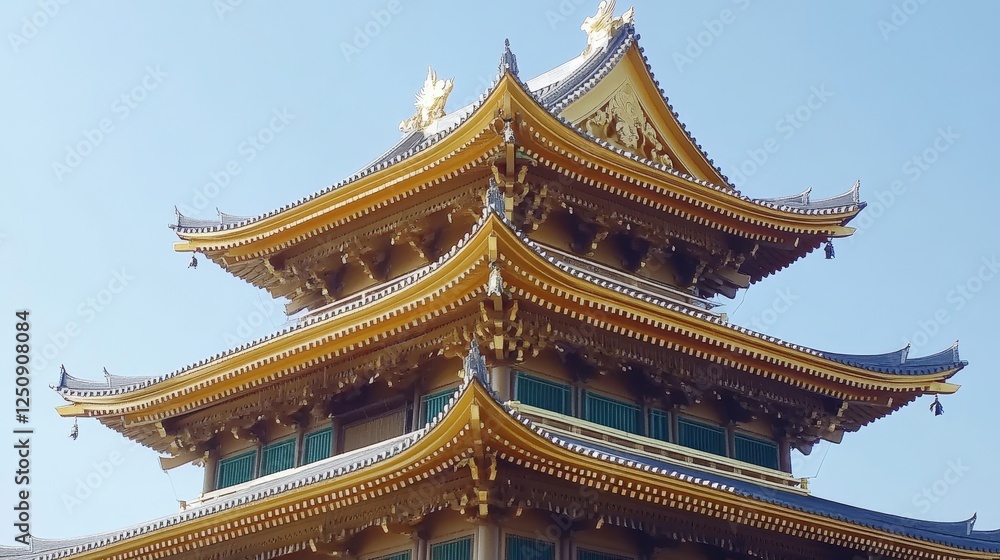 Golden Buddhist Temple, traditional Japanese architecture with ornate details and a gold leaf roof. Golden Buddhist Temple, traditional Japanese architecture with ornate details and a gold leaf roof.