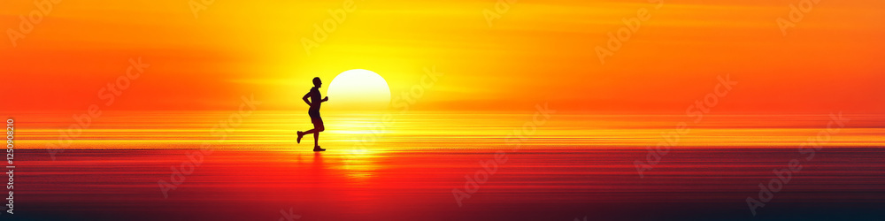 A person jogs along an open shoreline at sunrise, silhouetted against the vibrant colors of the sky. Concept of exercise and serenity. For motivation in fitness. A person jogs along an open shoreline at sunrise, silhouetted against the vibrant colors of the sky. Concept of exercise and serenity. For motivation in fitness.