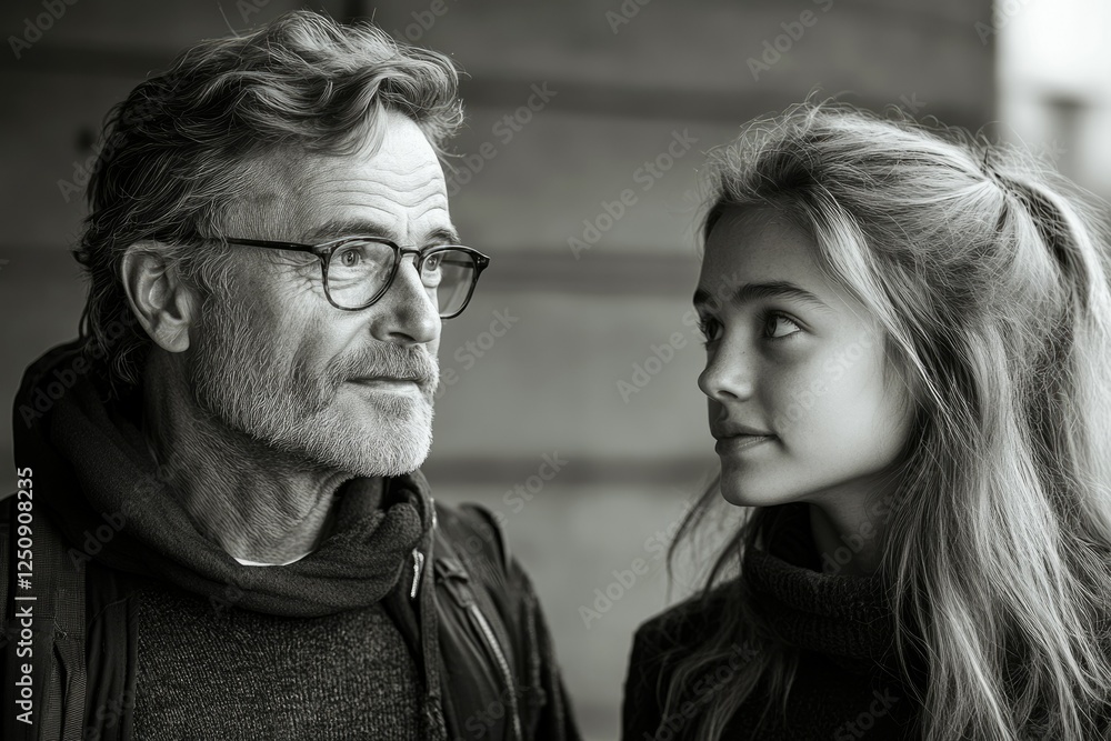 A black and white portrait of an older man and a young girl, looking at each other thoughtfully. A black and white portrait of an older man and a young girl, looking at each other thoughtfully.