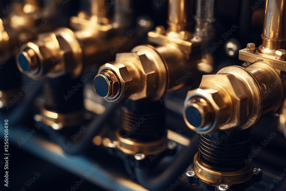 Detailed close-up of brass industrial valves, showcasing precision engineering and metallic components. The focus is on the intricate design and functionality of the machinery Detailed close-up of brass industrial valves, showcasing precision engineering and metallic components. The focus is on the intricate design and functionality of the machinery
