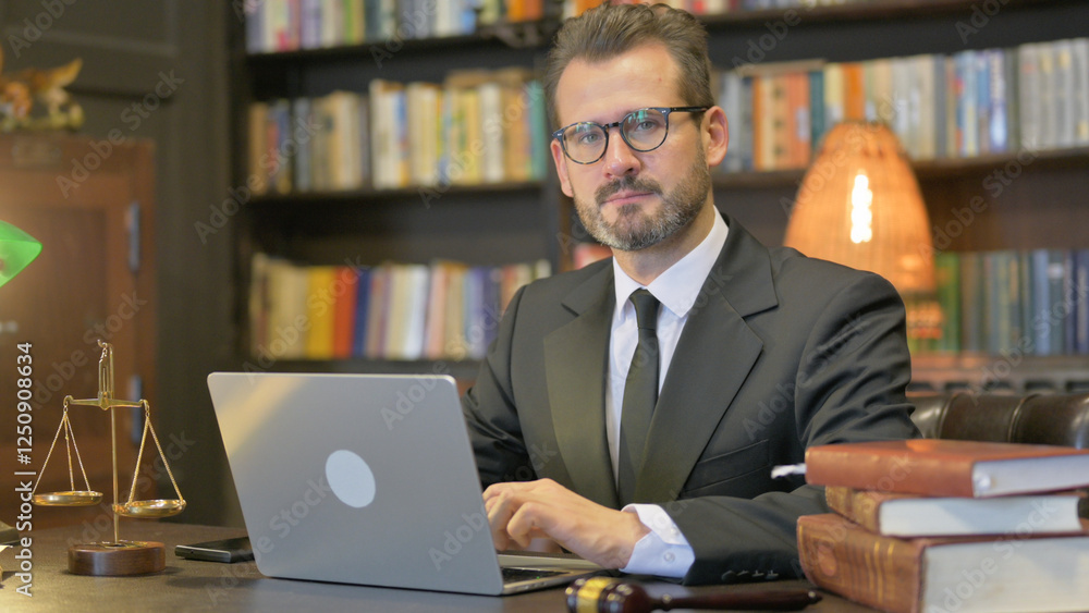 Middle Aged Lawyer Looking at Camera with Laptop Middle Aged Lawyer Looking at Camera with Laptop