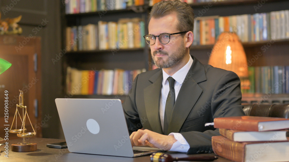 Denying Middle Aged Lawyer Working on Laptop Denying Middle Aged Lawyer Working on Laptop