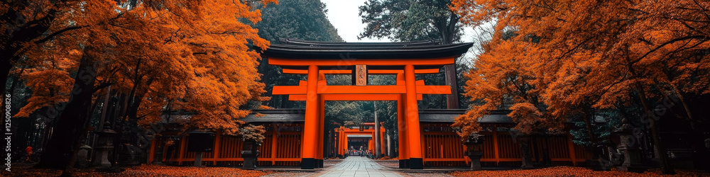 Orange torii gates line a path surrounded by vibrant autumn trees. Concept of traditional architecture and nature. For travel inspiration. Orange torii gates line a path surrounded by vibrant autumn trees. Concept of traditional architecture and nature. For travel inspiration.