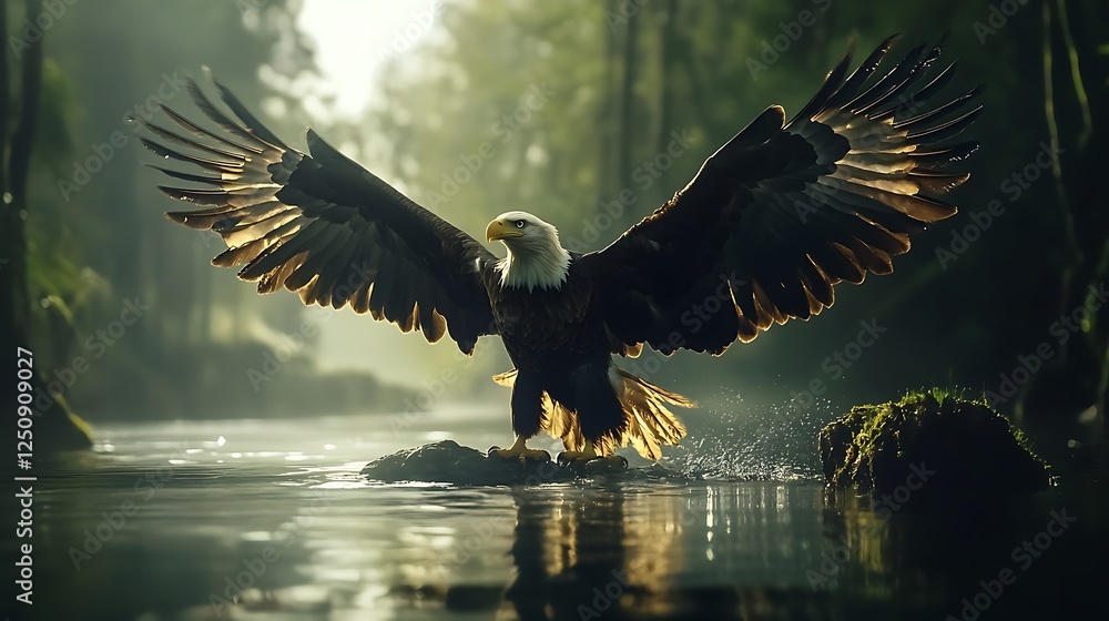 Fototapeta premium Stunning bald eagle gliding effortlessly over rich autumn forest colors