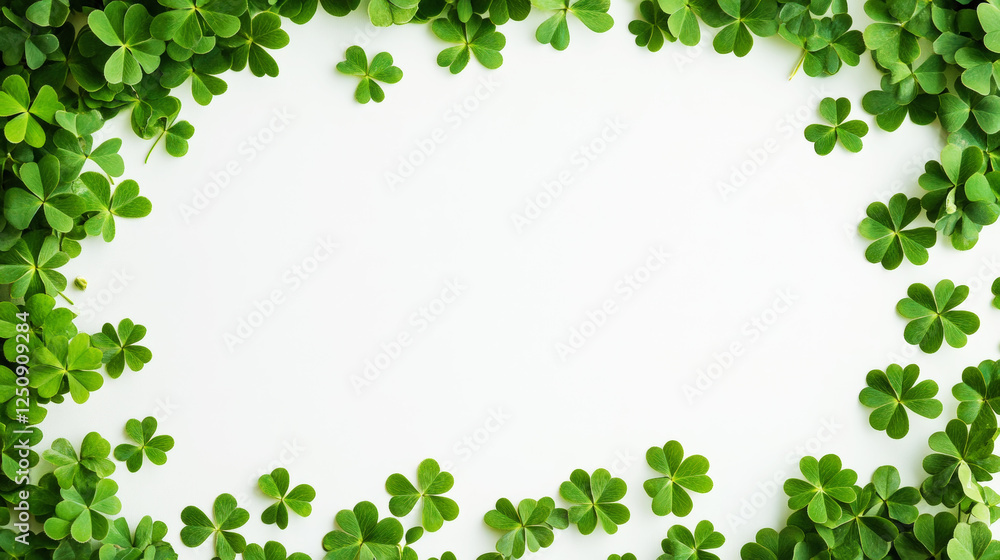 Vibrant green clover leaves framing a white clean background. St. Patrick’s Day. Copy space. Generative AI Vibrant green clover leaves framing a white clean background. St. Patrick’s Day. Copy space. Generative AI