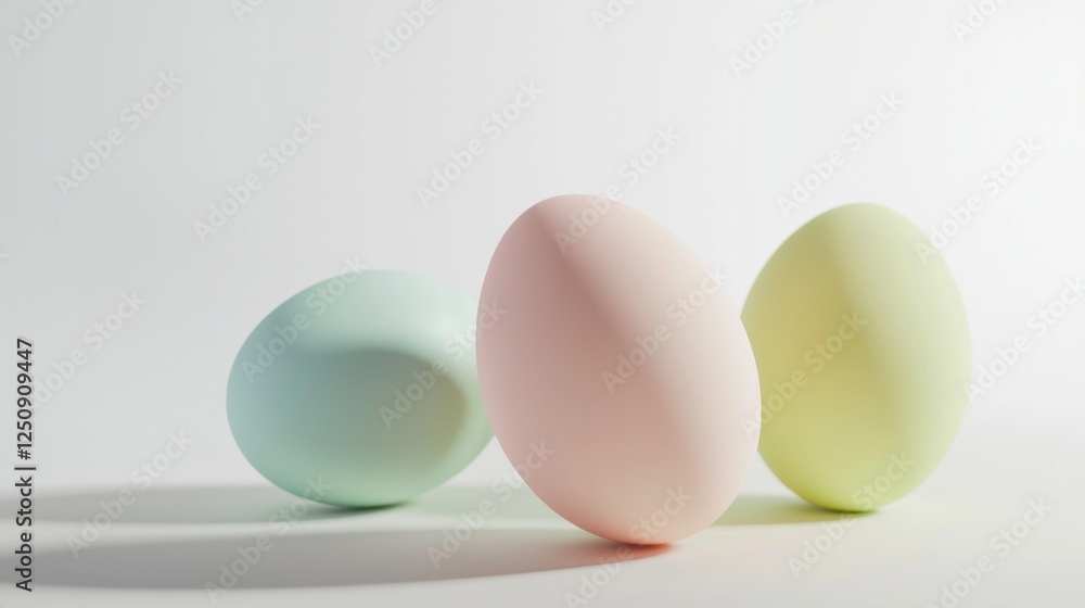 Fototapeta premium Three easter eggs in soft pastel colors - mint green. Peachy pink. And pale yellow - arranged in a row on white surface. Minimalist composition with subtle shadows creates elegant holiday atmosphere