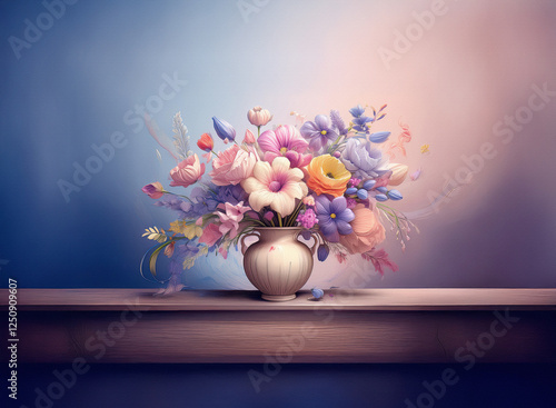 A vibrant bouquet of flowers in a silver vase sits on a mantelpiece against a soft blue and pink background.  The image evokes a feeling of serenity and beauty.