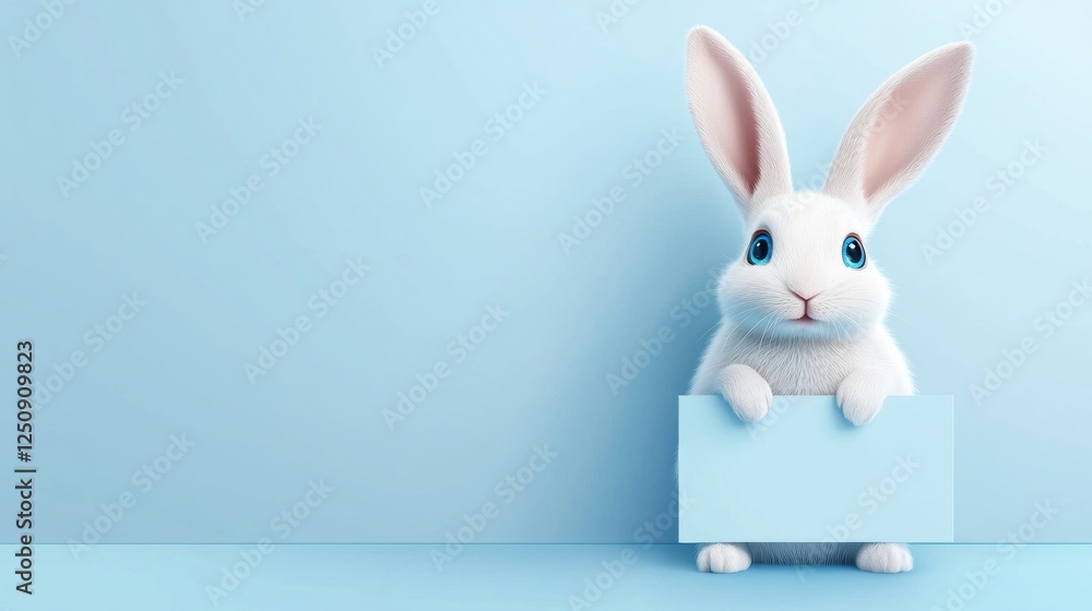 Cute white rabbit with big ears holding a blank blue sign, set against a pastel blue backdrop. Perfect for easter, spring themes, or children's content Cute white rabbit with big ears holding a blank blue sign, set against a pastel blue backdrop. Perfect for easter, spring themes, or children's content