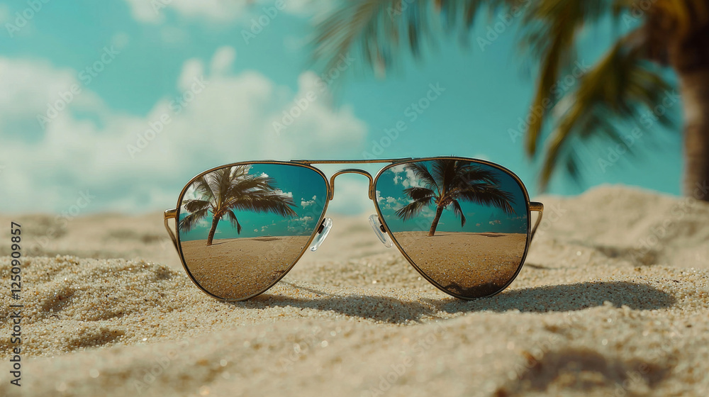 custom made wallpaper toronto digitalSunglasses resting on sandy beach reflect a serene tropical scene with palm trees and turquoise skies, embodying a perfect summer getaway vibe