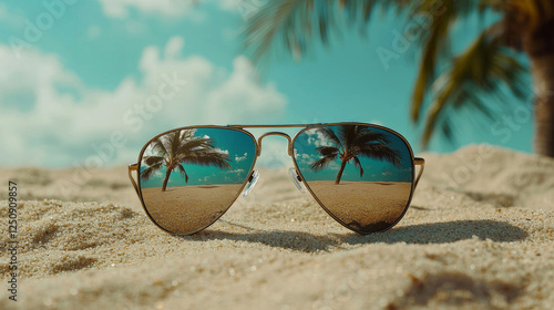 Wallpaper Mural Sunglasses resting on sandy beach reflect a serene tropical scene with palm trees and turquoise skies, embodying a perfect summer getaway vibe Torontodigital.ca