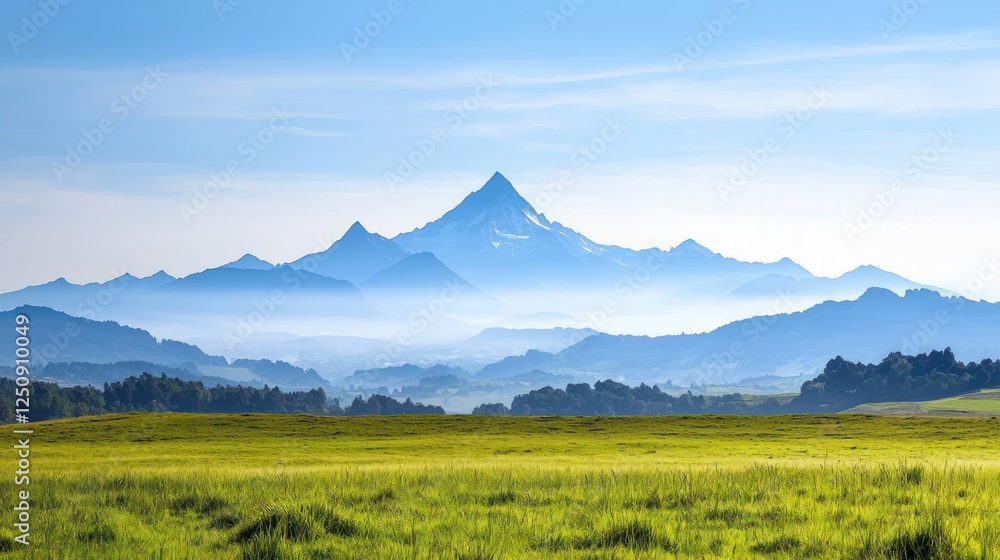 Fototapeta premium Vast Green Meadow with Misty Mountain Range Under Pale Blue Sky