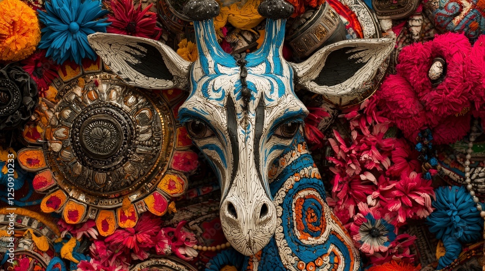 Fototapeta premium Colorful Giraffe Art Surrounded by Vibrant Floral Arrangements