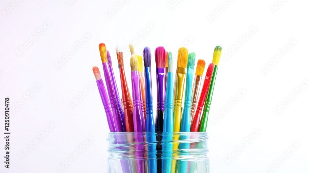 Fototapeta premium Colorful paintbrushes in glass jar, art supplies, white background, creative hobby