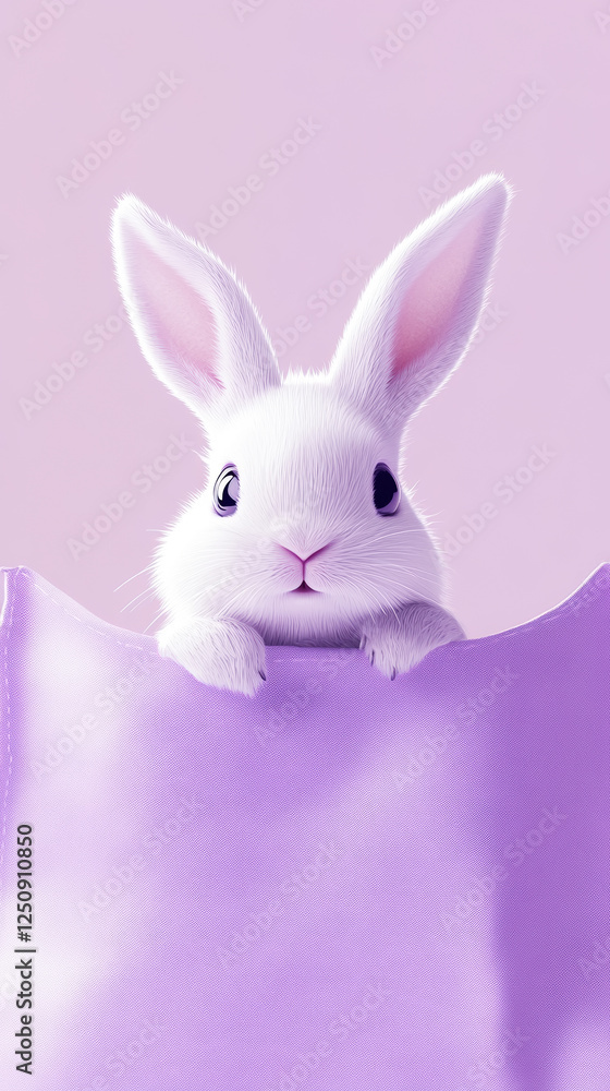 Fototapeta premium Cute playful white rabbit peeking out from a fabric against a pastel lilac background. Generative AI