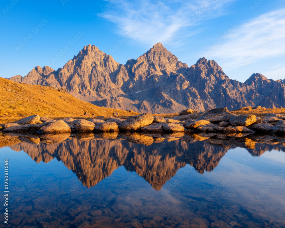 Fototapeta premium Majestic mountain landscape. Breathtaking mountain views with jagged peaks reflected in calm water