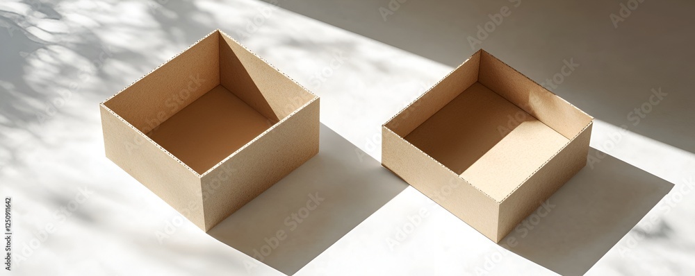 A high-quality shot of an open and closed square cardboard box on a clean white surface, showcasing detailed texture and edges A high-quality shot of an open and closed square cardboard box on a clean white surface, showcasing detailed texture and edges