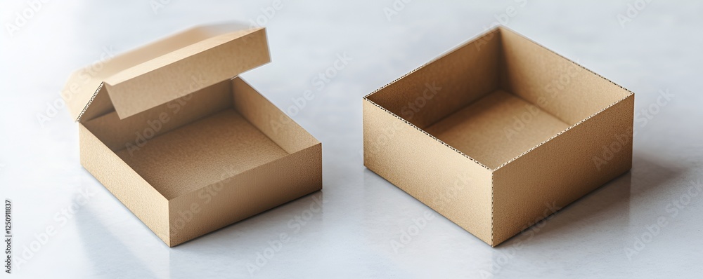A high-quality shot of an open and closed square cardboard box on a clean white surface, showcasing detailed texture and edges A high-quality shot of an open and closed square cardboard box on a clean white surface, showcasing detailed texture and edges
